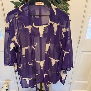 Peach Love Purple Cowgirl Steer Skull Print Caftan Kimono Cardigan Coverup M